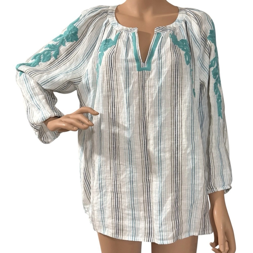 J.Jill Love Linen Blouse Womens M Boho Striped Floral Embroidery 3/4 Sleeve